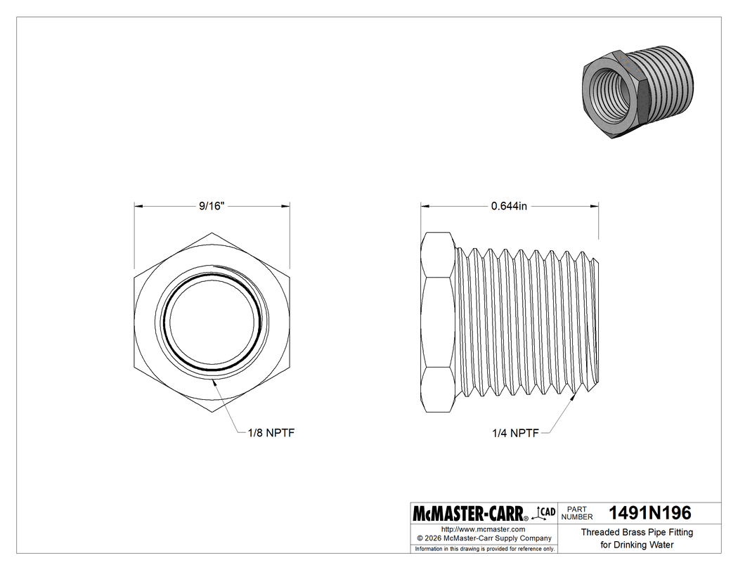 Technical Drawing of Threaded Brass Pipe Fitting for Drinking Water, Bushing Adapter, 1/4 NPTF Male x 1/8 NPTF Female.